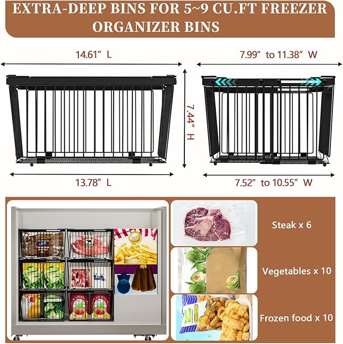 ANJUBAN Large Freezer Organizer Bins，Upgraded Bottom Leak-Proof net，Fit 5 to 9 Cu Ft Chest Freezer，5 Pack， Expandable Stackable Chest Freezer Containers with Handle (Black-5P)