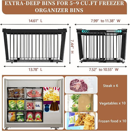 ANJUBAN Large Freezer Organizer Bins，Upgraded Bottom Leak-Proof net，Fit 5 to 9 Cu Ft Chest Freezer，5 Pack， Expandable Stackable Chest Freezer Containers with Handle (Black-5P)