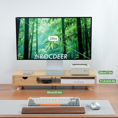 Bamboo Monitor Stand Riser with Drawer, Ergonomic Computer Riser for Desk with Cable Management & Storage Organizer, Wood Monitor Stand for Home Office