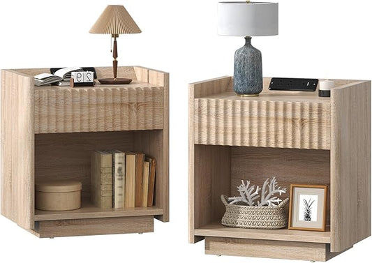 Bigbiglife Fluted Nightstand Set of 2 with Charging Station, 22" Modern Side Table with Drawer End Table with Open Storage, Bedside Table for Bedroom, Living Room, Natural Oak (2, Natural Oak)