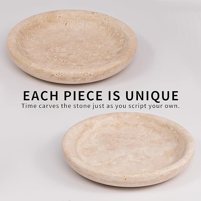 LWALMS Travertine Marble Jewelry Tray - Stone Trinket Ring Key Purse Holder Dish, Small Cute Round Plate Decorative Bowl for Nightstand Entryway Coffee Table Decor (5.5 inch)