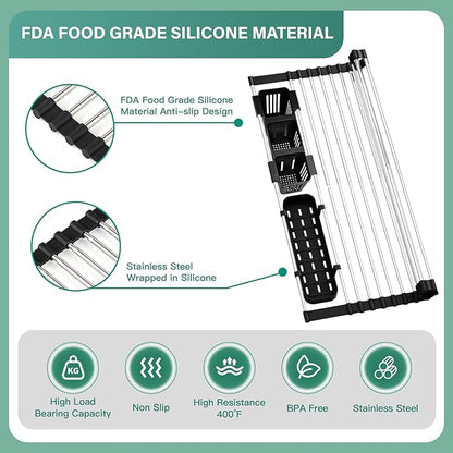 Hobychild Extra Large Expandable Roll Up Dish Drying Rack, 22.8 x 17.3 in with Expandable Storage Basket Over The Sink Rolling Dish Drainer, Foldable Sink Dish Drainer for Kitchen Counter,Black
