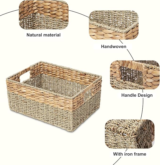 YAHUAN Natural Water Hyacinth & Seagrass Woven Storage Baskets – Wicker Storage Basket Organizer Bins with Handles for Home & Office Pantry Shelf (Set of 3)
