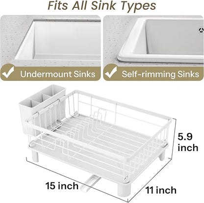 SNTD Dish Drying Rack - Small Dish Rack for Kitchen Counter, Stainless Steel Dish Drainer with Utensil Holder and Drainboard, 11" W x 15" L (White)