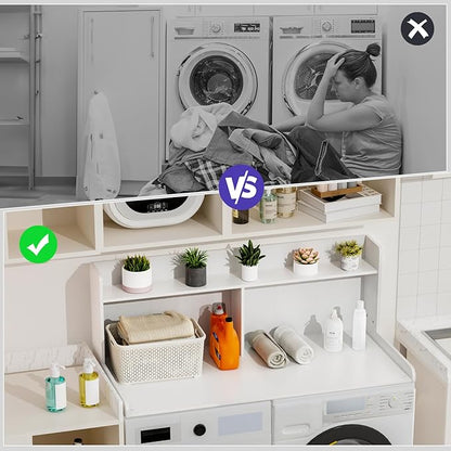 Washer Dryer Countertop with 2 Tier Shelf, 27.5" W × 54" L Laundry Wood Countertop with Edge Rails for Laundry Room Organization and Storage (White)