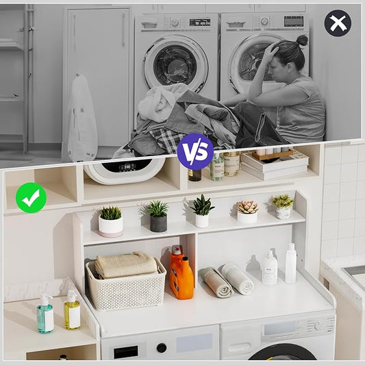 Washer Dryer Countertop with 2 Tier Shelf, 27.5" W × 54" L Laundry Wood Countertop with Edge Rails for Laundry Room Organization and Storage (White)