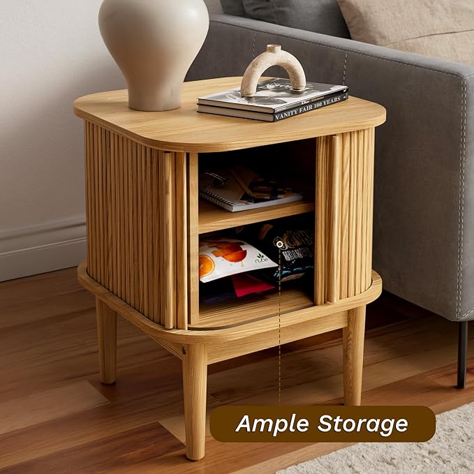 Fluted Nightstand with Sliding Doors, Modern Bedside Table with Solid Wood Legs, Wood Night Stand for Bedroom (Natural)