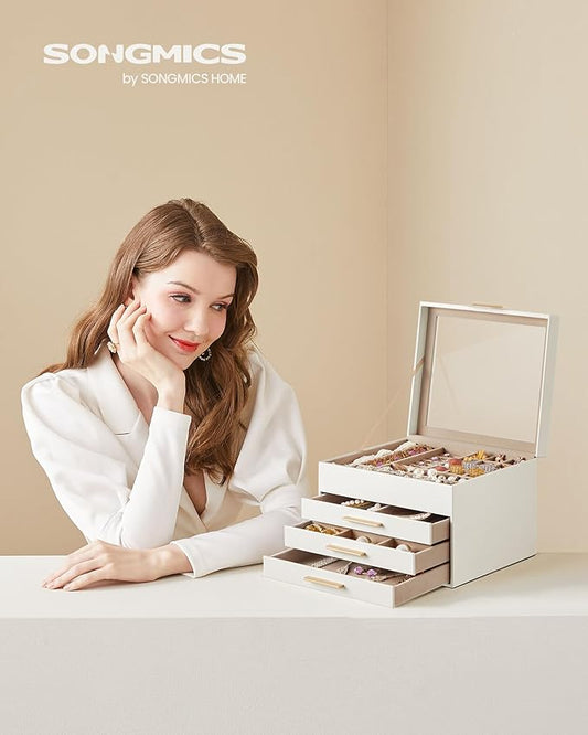 SONGMICS Jewelry Box Organizer with Glass Lid, 4-Layer Jewelry Storage, with 3 Drawers, Modern Style, 8 x 9.1 x 6.5 Inches, Cloud White and Gold Color UJBC173W01