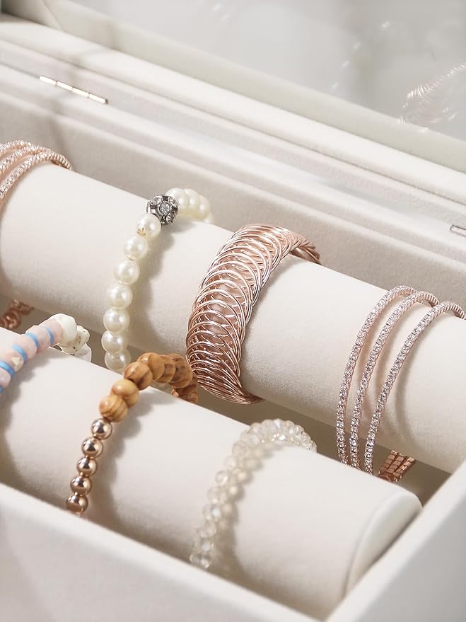 Kanwoder Bracelet Holder Organizer Box, Jewelry Storage Case with 2 Rods, Bangle Watch Display Tray for Women Girls (Beige)