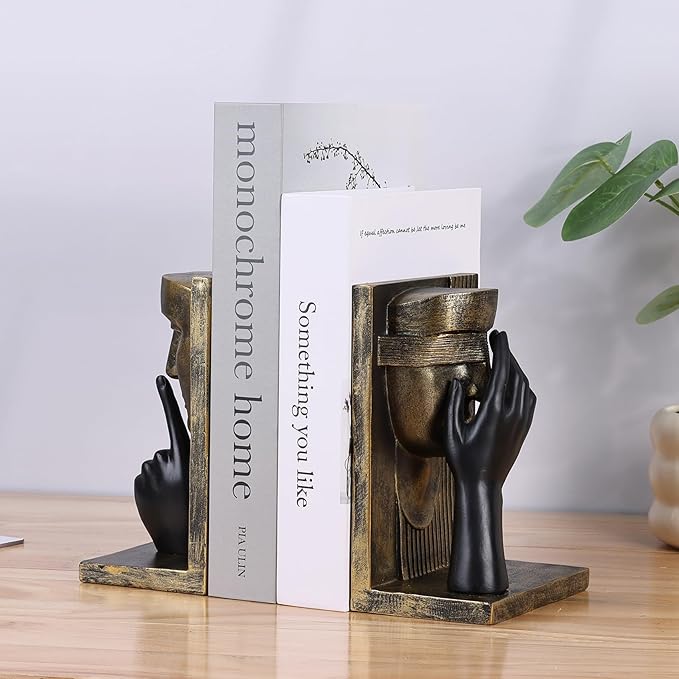 Decorative Bookends Set – Vintage Gold Face Sculptures & Modern Black & White – Resin Book Ends for Shelves, Heavy Book Stoppers, Brass-Look Bookends, Decorative for Home Office (Vintage)