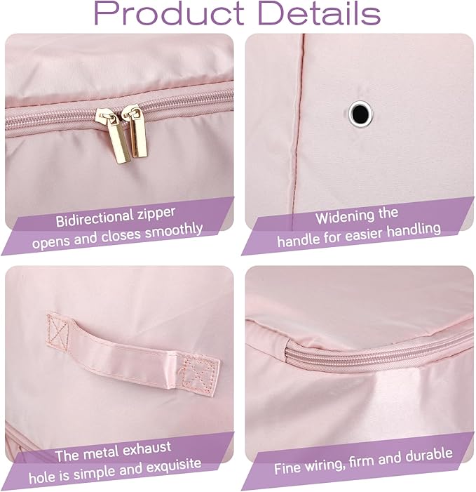 Oqqlin 2 Pcs Blanket Compression Storage Bags, 21x17x24 Inch Double Zipper Comforter Storage Bag with Handle Ultra Space Saving Self Compression Organizers for Blankets Comforters (Pink/Gray)