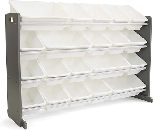 Humble Crew Extra-Large Toy Organizer with 20 Plastic Bins – Grey/White Storage Rack with 4-Tier Shelves, Anti-Tip Safety, for Kids’ Rooms, Playrooms, Nurseries & Classrooms