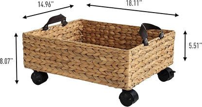 happimess BSK2014A Adaline 18.11" Classic Farmhouse Handwoven Hyacinth Rectangular Underbed Storage Bin with Wheels and Handles for Storage and Decoration in Bathroom, Bedroom, Entryway, Natural