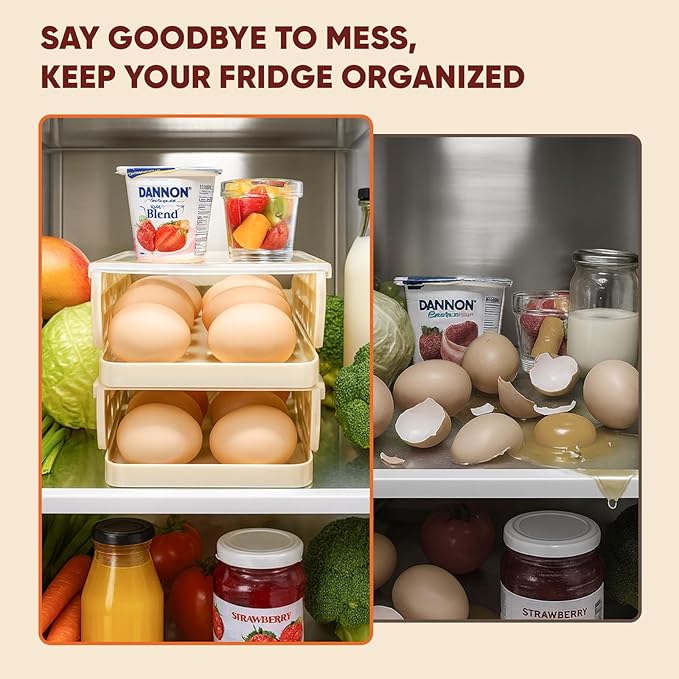 Automatic Rolling Egg Holder for Refrigerator, 2-Pack Stackable Egg Storage Containers, Smooth Glide Track, Steady Base & Dishwasher Safe