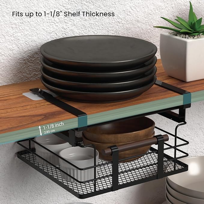 Home Zone Living 2-Pack Under Shelf Pull-Out Drawer Kitchen Cabinet Organizer with Steel Mesh Basket and Wooden Handle, 11 Inch Legnth