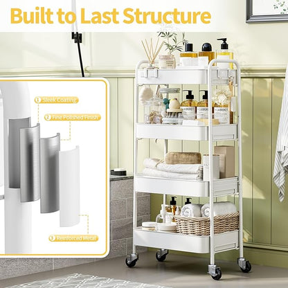 TOOLF 4-Tier Metal Rolling Cart with Wheels, Storage Utility Organizer Cart for Kitchen, Bathroom, Office, Baby Essentials & Makeup - Lockable Casters, Easy Assembly, Large Capacity, White