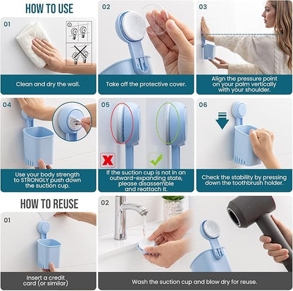 TAILI Suction Toothbrush Holder 2 Pack, Powerful Toothpaste Toothbrush Suction Cup, Self-draining Shower Razor Holder, Shower Toothbrush Holder for Wall, Kitchen Tableware Holder, Blue