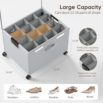 HOUSE AGAIN 2 Pack Shoe Organizer for Closet, Shoe Storage Boxes with 360° Wheels, Sturdy Metal Frame Fits up to 16 Pairs, Boots&Shoes Cubby Storage Containers with Adjustable Dividers and Clear Cover