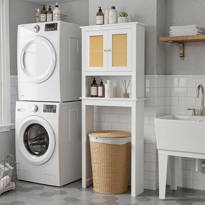 GORZING Over The Toilet Storage Cabinet, Behind Toilet Bathroom Organizer with Adjustable Shelves, Above Toilet Organizers with Barn Door, Space Saver for Restroom, Bathroom, Laundry
