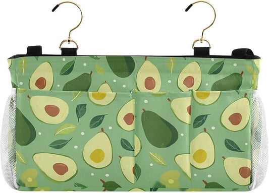 CuwrYet Bedside Caddy Hanging Bunk Bed Caddy Bed Organizer Hanging Pocket with 2 Hooks Bedside Storage Organizer Pocket Bag Holder Green Avocado and Leaf