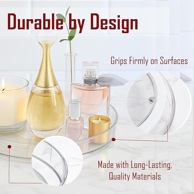 3 Pack Lazy Susan Turntable Organizer 9.25” Clear PET BPA-Free 360° Rotating Storage with Non-Skid Base & Raised Rim Thick Shatter- Plastic Spice Rack for Kitchen Cabinet, Pantry, Fridge & Bathroom