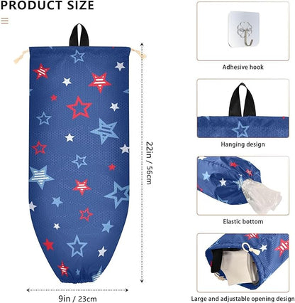 2 PCS Plastic Bag Holder Wall Mount Grocery Bag Holder Shopping Bag Trash Bag Storage Organizer Dispenser for Kitchen Closet 22 x 9 Inch Patriotic Stars