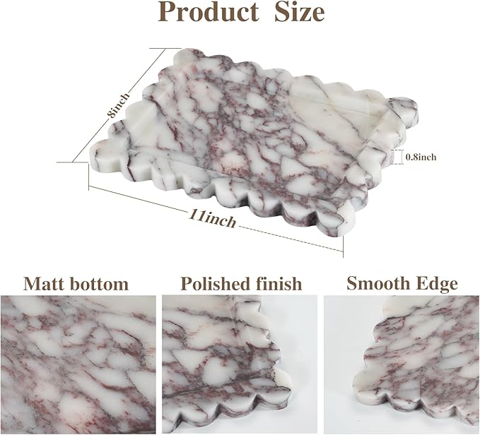 Calacatta Viola Scalloped Marble Tray, 11" x 8" Real Natural Marble Stone Tray, Luxury Decorative Tray for Bathroom, Kitchen Counter, Vanity, Dresser, Home Decor, Organizer for Jewelry & Cosmetics