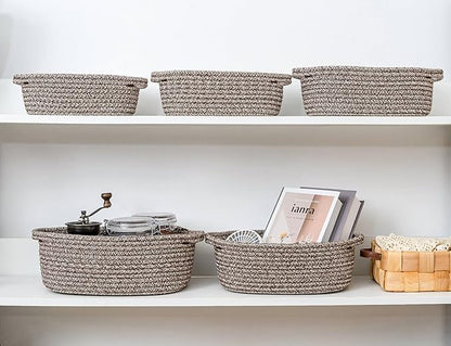 CubesLand Small Cotton Rope Storage Basket Set 5, Shelves Baskets for Organizing with Handle, Decorative Closet Storage Bins for Countertop Toilet Paper Basket for Toilet Tank Top,Mixed Brown Basket