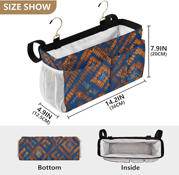 CuwrYet Bedside Caddy Hanging Bunk Bed Caddy Bed Organizer Hanging Pocket with 2 Hooks Bedside Storage Organizer Pocket Bag Holder Blue Orange Diamond Tie-dye