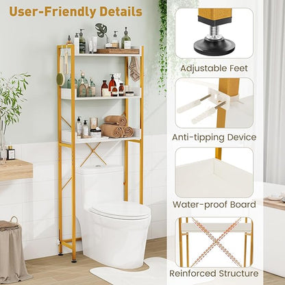 LOKO 3-Tier Over The Toilet Storage Rack, Bathroom Space Saver Shelf, Freestanding Above Toilet Organizer with 4 Hooks, Anti-Tipping Device, Metal Frame Toilet Rack for Balcony Laundry (White+Gold)