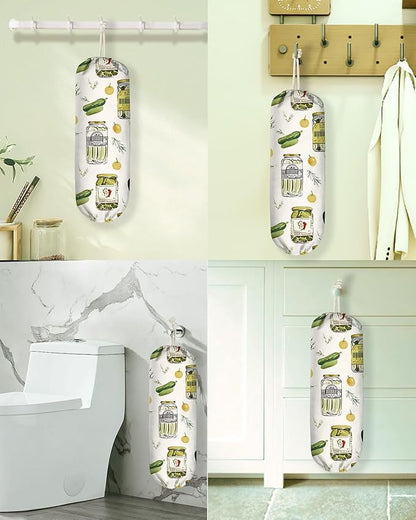Plastic Bag Holder Organizer - 1 Pack Reusable Canvas Grocery Bags Holder Hanging Wall Cute Aesthetic Shopping Bag Storage Dispenser with Drawstring Closure for Kitchen Home, Canned