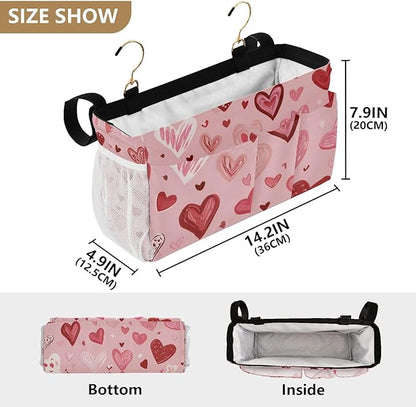 CuwrYet Bedside Caddy Hanging Bunk Bed Caddy Bed Organizer Hanging Pocket with 2 Hooks Bedside Storage Organizer Pocket Bag Holder Pink Cute Hearts