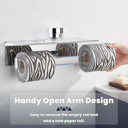 Suyar Double Toilet Paper Holder, SUS 304 Stainless Steel Bathroom Toilet Paper Roll Holder with Shelf, Polished Chrome