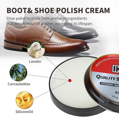 IKI Shoe Shine Polish Kit - 7PCS Leather Boot Care Kit with Black Shoe Polish Horsehair Brush Cloth Shoe Horn for Men