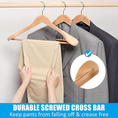 Amber Home 6 Pack Wide Shoulder Wooden Suit Coat Hangers with Non Slip Pants Bar, Solid Wood Jacket Clothes Hangers Smooth Finish for Sweater, Pants, Heavy Clothes (Natural, 6 Pack)