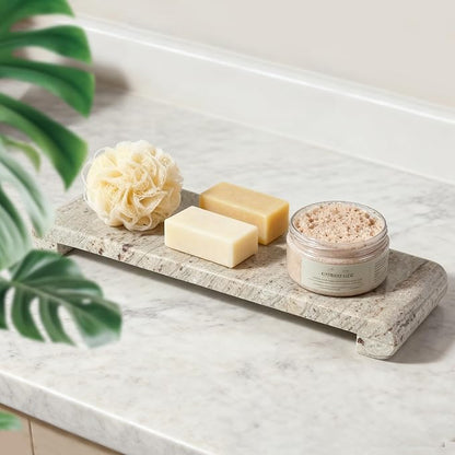 Natural Marble Pedestal Stand, Marble Tray for Kitchen Counter, Bathroom, Home Decor, Small Potted Plant Tray 4.02" x 15.98" Soap Dish Holder for Jewelry, Vanity, Counter Luxury Decorative Tray (River White)