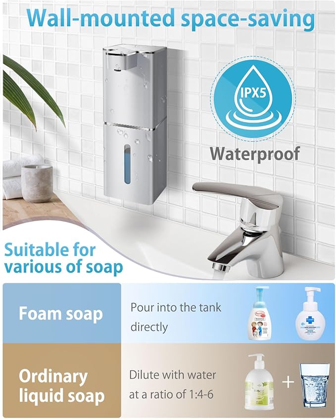 JEMISUN Automatic Foaming Soap Dispenser Touchless 380ml/12.8oz Rechargeable Hand Soap Dispenser Wall Mounted 4 Levels Adjustable Foam Soap Pump for Bathroom Kitchen Dish Soap