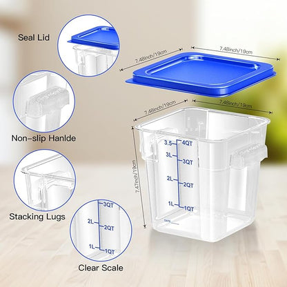 FeyBuosk 4 pcs 4qt Food Storage Containers with Lid, Square Clear Commercial Food Storage Containers with Handle and Scale for Food Storage in Home Kitchen & Dining (Blue)