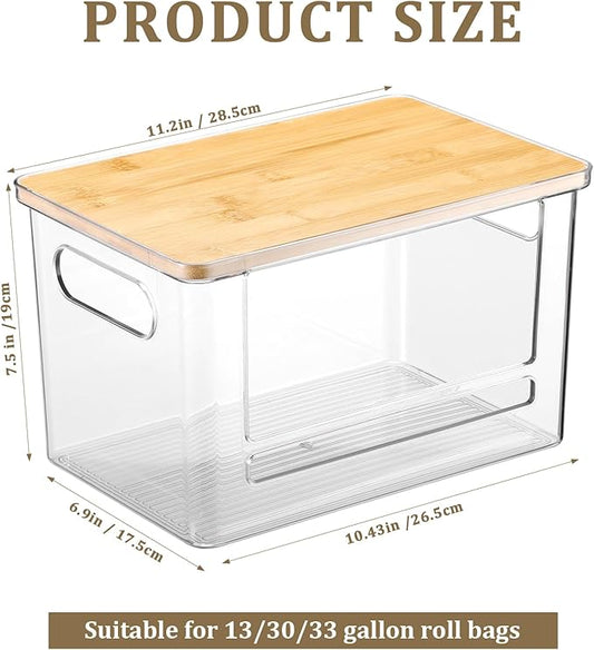 2 Pcs Stackable Storage Containers with Bamboo Top Handles Extra Large Garbage Bag Holder Dispenser Trash Bag Organizer Open Front Bin for Kitchen Laundry Room Pantry Organization(Stylish)