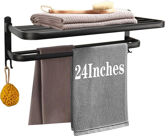 Towel Rack for Bathroom, Bath Towel Holder with Double Towel Bar and Foldable Towel Shelf, Rustproof Towel Organizer Wall Mounted Towel Storage Hanger for Bath/Balcony/Lavatory(24In Black)