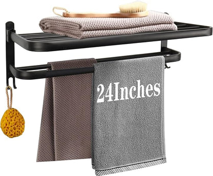 Towel Rack for Bathroom, Bath Towel Holder with Double Towel Bar and Foldable Towel Shelf, Rustproof Towel Organizer Wall Mounted Towel Storage Hanger for Bath/Balcony/Lavatory(24In Black)