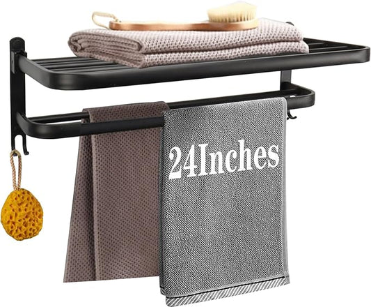 Towel Rack for Bathroom, Bath Towel Holder with Double Towel Bar and Foldable Towel Shelf, Rustproof Towel Organizer Wall Mounted Towel Storage Hanger for Bath/Balcony/Lavatory(24In Black)