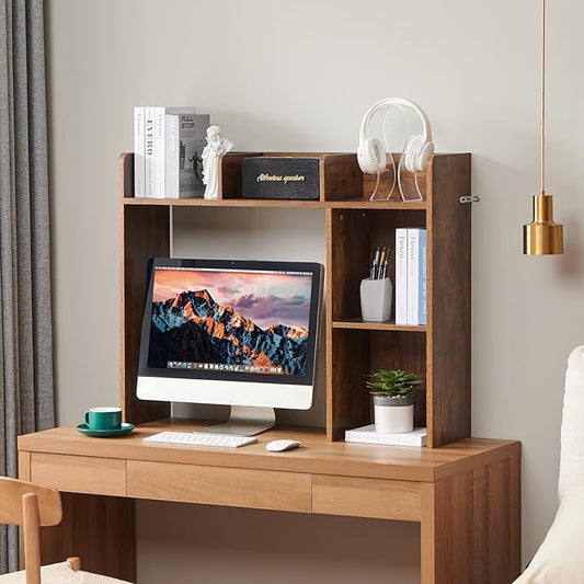 Desktop Bookshelf, Wooden Desk Storage Hutch with 5 Shelves, 3-Tier Desktop Display Organizer Rack for Office Home (Brown, 5 Shelves A)