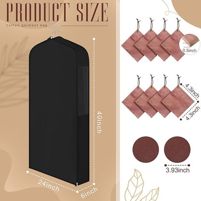 2 Set 40in Short Cotton Garment Bags, 6in Wide Gusset Hanging Storage Clothes with 8 Cedar Blocks, Transparent Mesh Window, Breathable Closet Bags for Fur Coat Suit Sweater Dress, Black
