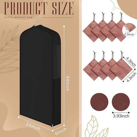 2 Set 40in Short Cotton Garment Bags, 6in Wide Gusset Hanging Storage Clothes with 8 Cedar Blocks, Transparent Mesh Window, Breathable Closet Bags for Fur Coat Suit Sweater Dress, Black