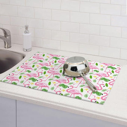 Pink Flamingo Leaf Dish Drying Mat 18x24 For Kitchen Counter Absorbent Microfiber Dishes Pad Dish Drainer Rack Mats Fast Dry Kitchen Accessories