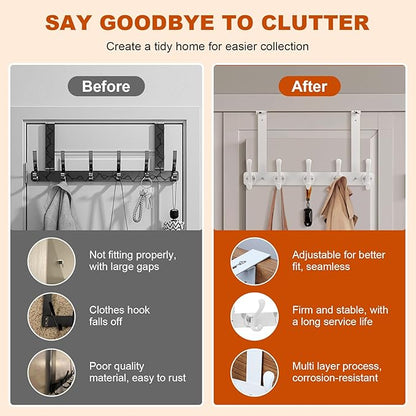 persevere Over The Door Hooks with Auto-Locking Design, Rustproof Multi-Functional Coat Rack, Bathroom Towel Holder, Space-Saving Door Hanging Organizer with 5 Hooks for Clothes and Towels (White)