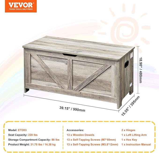 VEVOR Wooden Toy Chest for Kids, Toddler Toy Storage Box with Flip-Top Lid and Safety Hinge, 38.98 x 15.55 x 18.9 Large Kids Storage Bench for Playroom, Bedroom, Living Room or Entryway, Gray