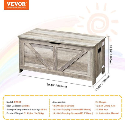 VEVOR Wooden Toy Chest for Kids, Toddler Toy Storage Box with Flip-Top Lid and Safety Hinge, 38.98 x 15.55 x 18.9 Large Kids Storage Bench for Playroom, Bedroom, Living Room or Entryway, Gray