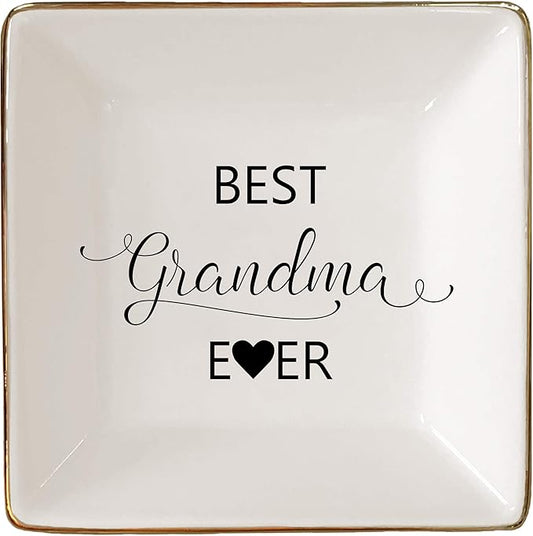 Simply Charmed Best Grandma Ever - Valentine's Day Gift – Ceramic Jewelry Dish, Ring Holder, Trinket Tray – Elegant Birthday Gift for Grandmother